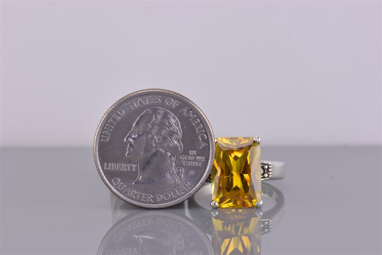 ACi Sterling Silver Yellow Emerald Cut Solitaire Marcasite Band Ring 925 Sz: 6