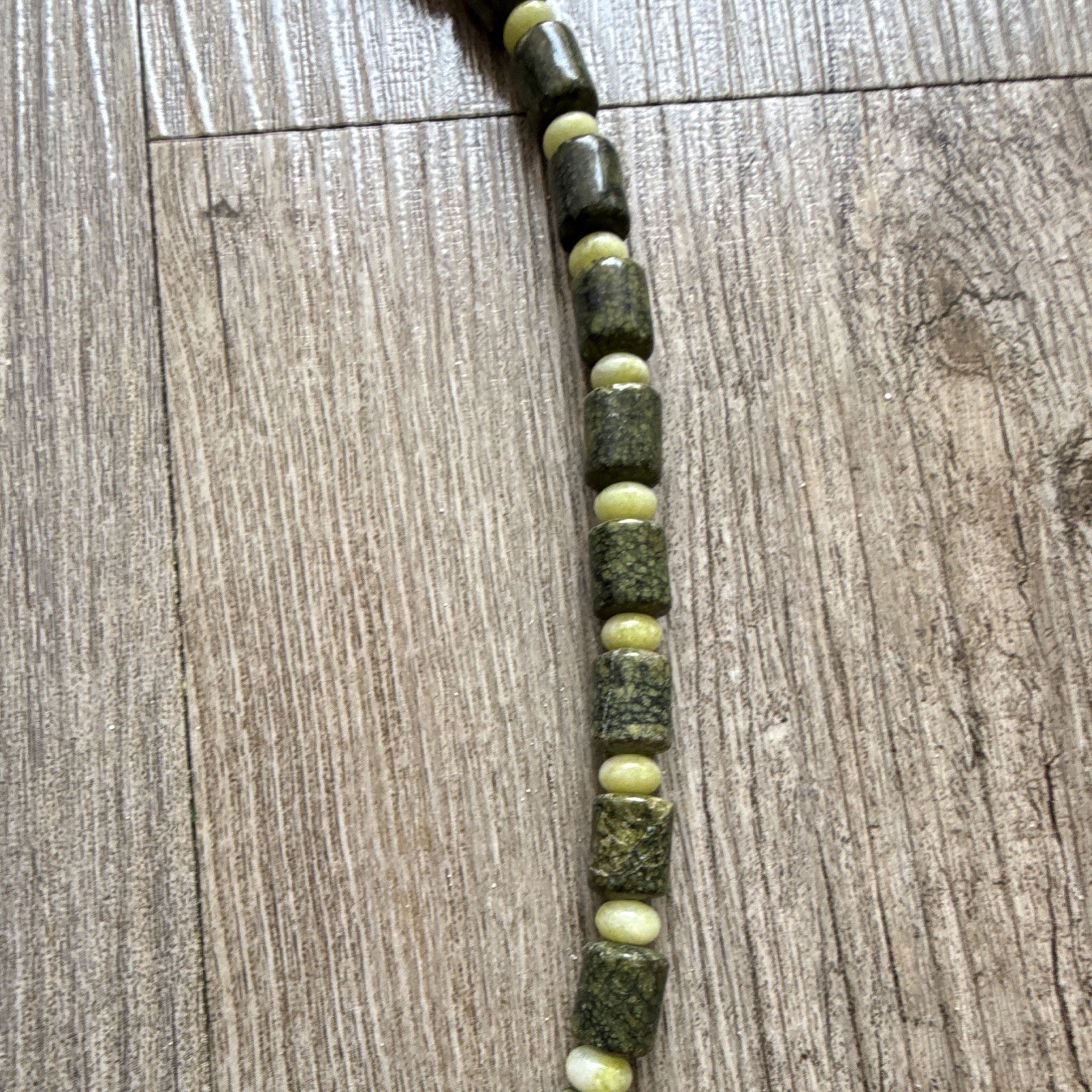 Green serpentine and Yellow Jade beaded necklace with silver lobster claw