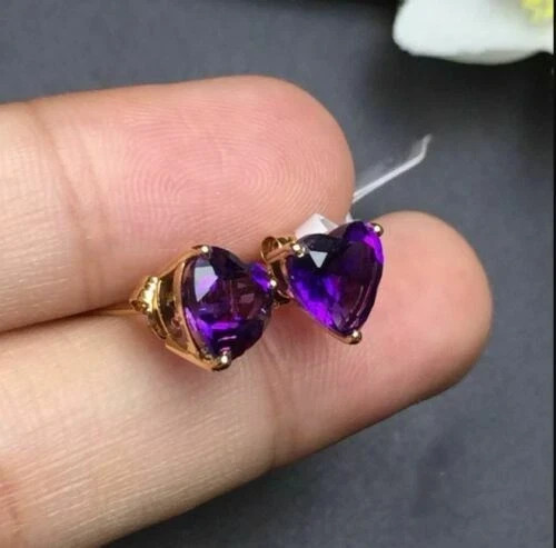 4Ct Heart Cut Simulated Amethyst Solitaire Women Stud Earrings 14K Gold Plated