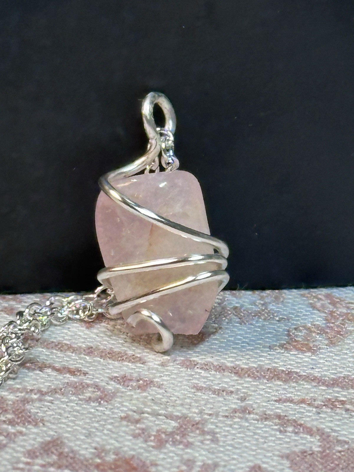 handmade Wire Wrapped Irregular Pink Stone Charm Pendant Silver Cable Chain