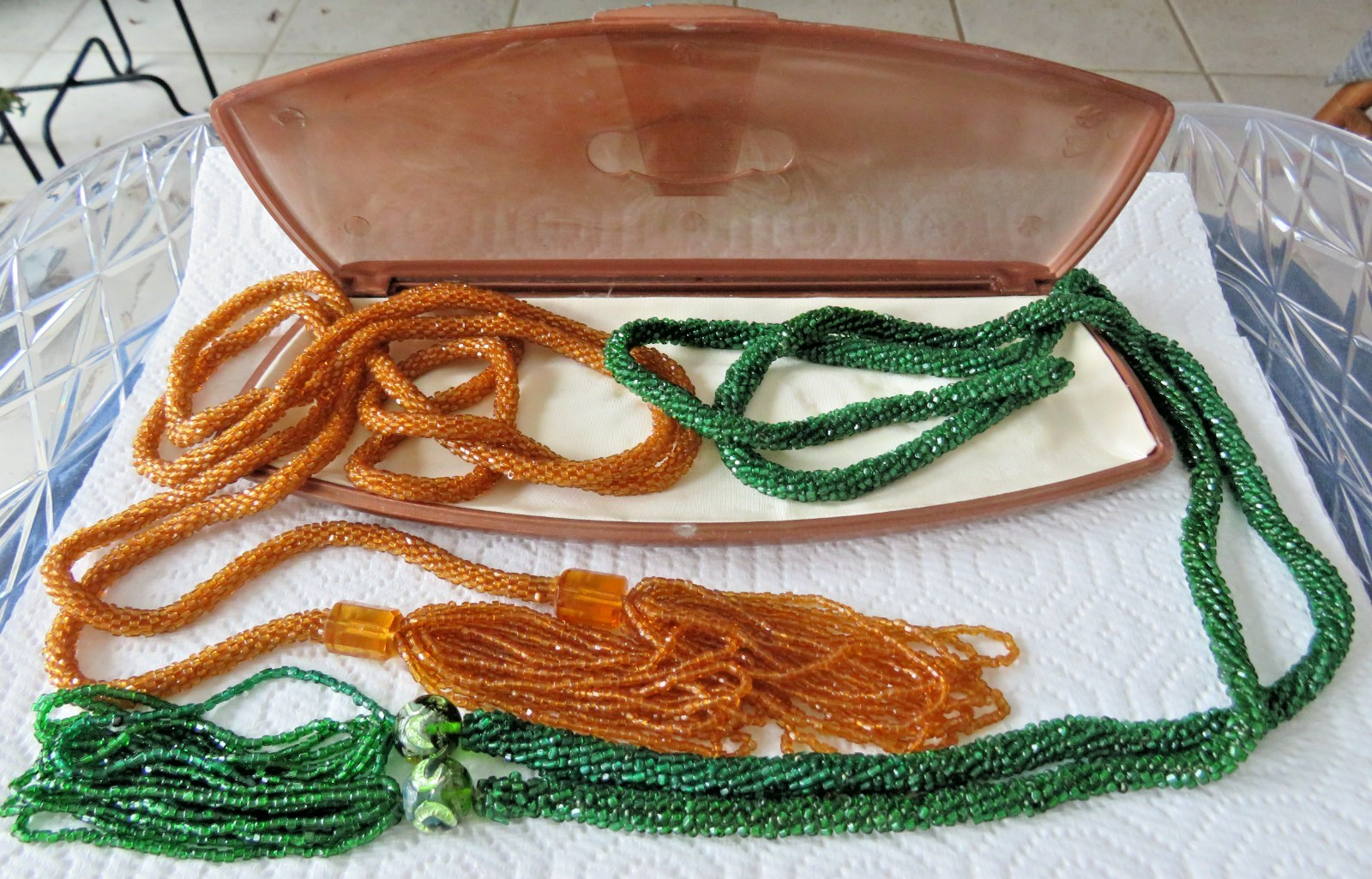 Lot 2 Antique Braun Crystal Opera Beads, Green & Gold Tns, With Braun Case