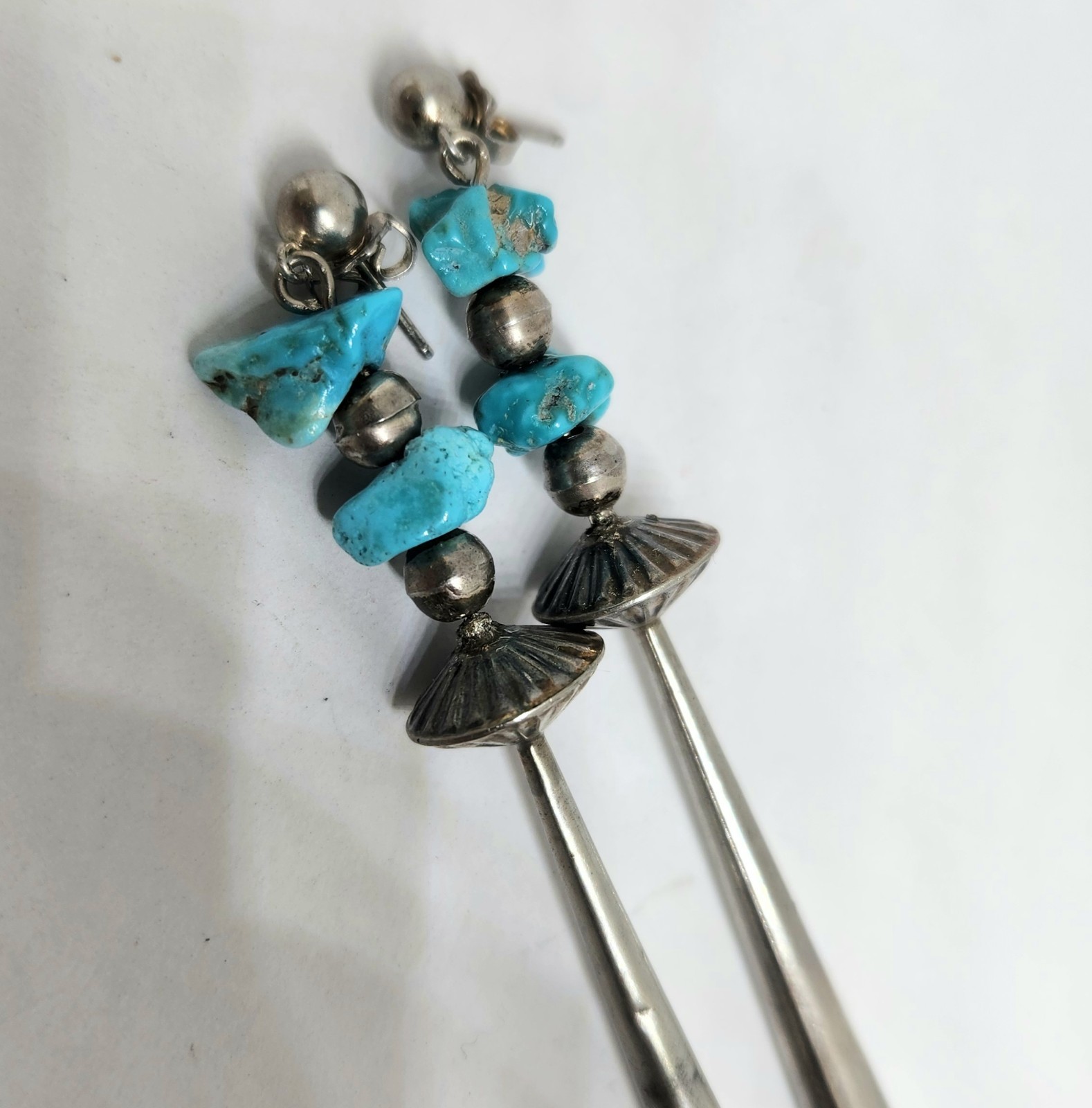 3.25″ Long! Old Pawn Vintage Sterling Silver Turquoise Squash Blossom Earrings