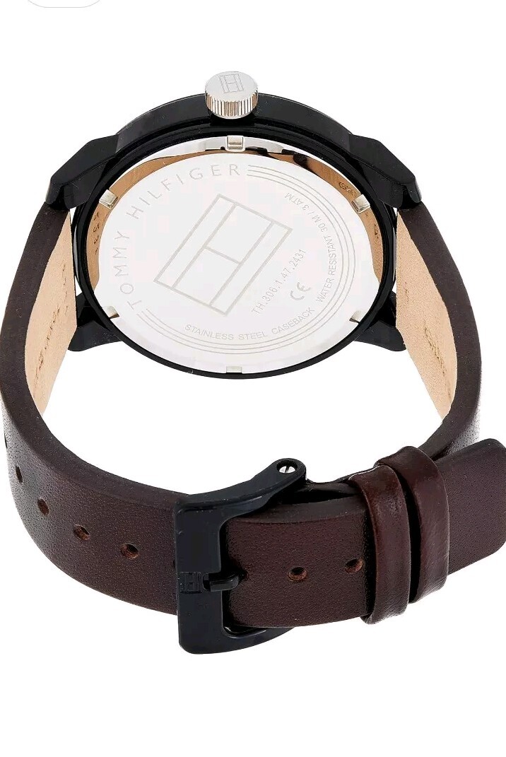 Tommy Hilfiger Men’s Watch Gray Dial Brown Leather Band 44mm Day Date 1791478
