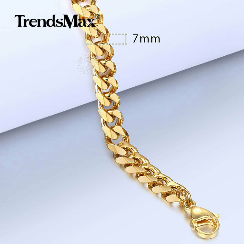 7mm Mens Boys Flat Curb Cuban Link Bracelet Chain Gold Plated Stainless Steel