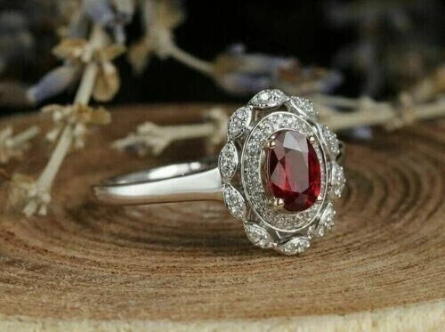 2.20Ct Oval Cut Red Garnet Halo Women’s Engagement Ring 14K White Gold Finish