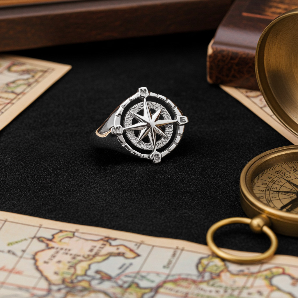 Sterling Silver Compass Ring for Women Polished North Star Compass Rose Signet