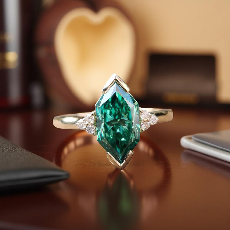 Green Dutch Marquise Moissanite Engagement Ring in Yellow Gold Plated, Handmade