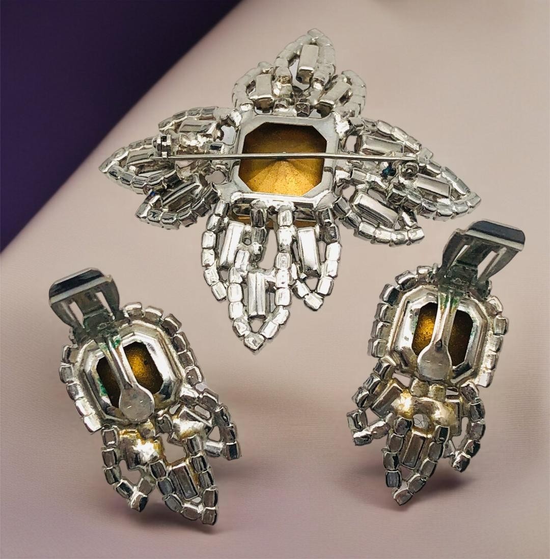 Silver-Tone, Mid Century, “Watermelon ” AB Rivoli Crystals Maltese Cross Set