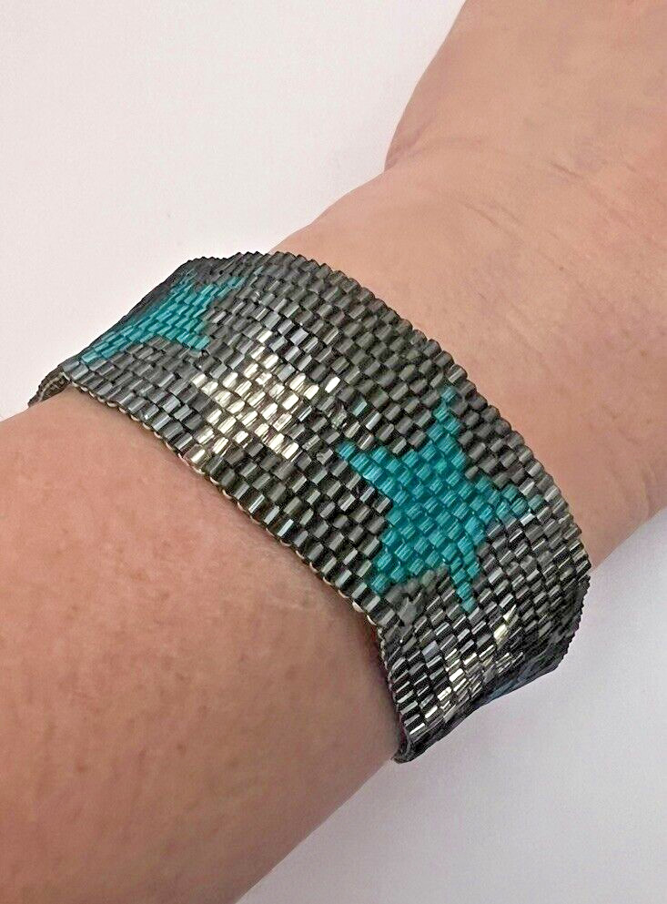 Adjustable Stars Gray Teal Seed Beaded Bracelet Cuff Cheer Friendship Jewelry