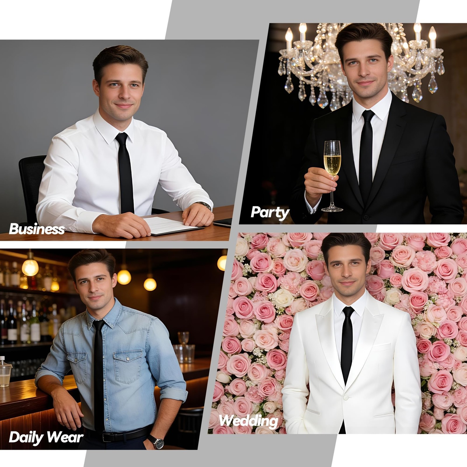 Skinny Tie Men Women 2″ (5CM) Slim Necktie Solid Thin Ties Formal Black