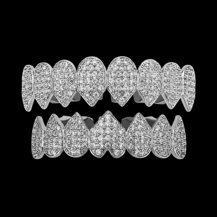 AAA+ Brass Hip Hop Grillz Top & Bottom Set Simulated Diamond Teeth Accessory