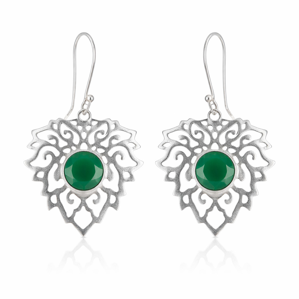 Green Onyx Filigree Dangle Earrings 925 Solid Silver Handmade Jewelry For Gift
