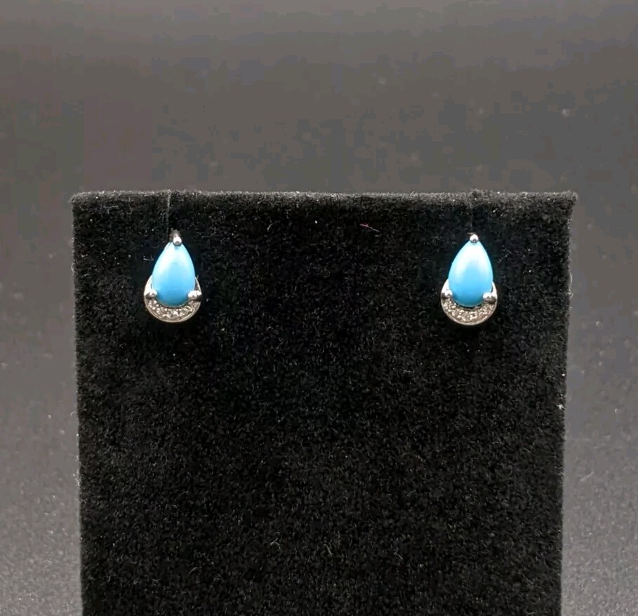 925 Sterling Silver 10.9mm Turquoise Pear & CZ Stud Earrings