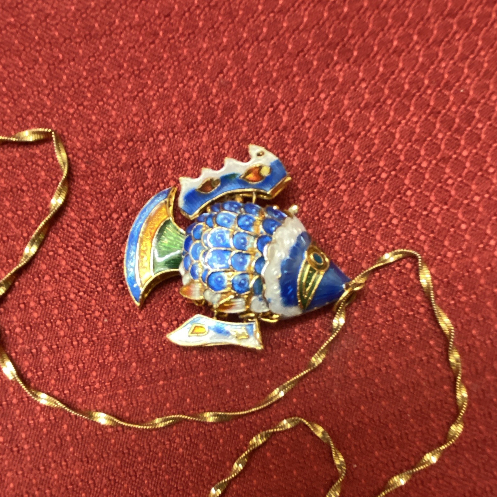 VTG Chinese Cloisonné Articulated Fish Pendant 25.5” Chain Reversible Blue
