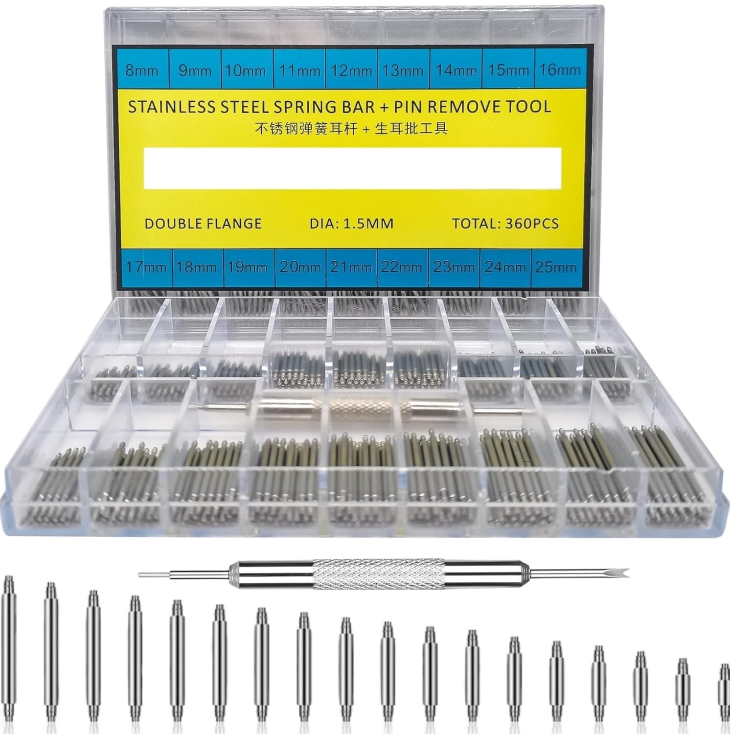 360 Pcs Watch Band Pins (8-25Mm) + Spring Bar Tool and Strap Link Pin Remover