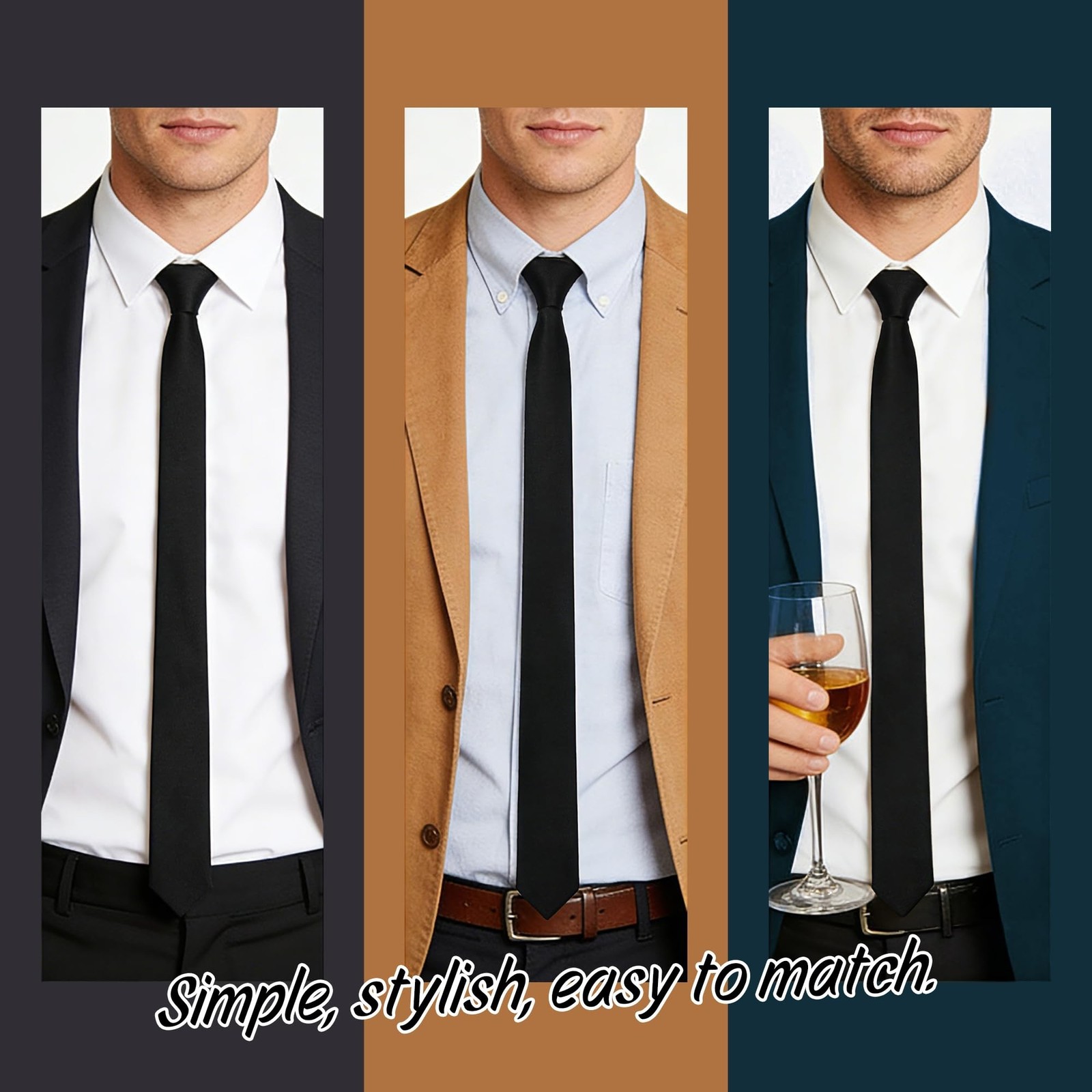 Skinny Tie Men Women 2″ (5CM) Slim Necktie Solid Thin Ties Formal Black