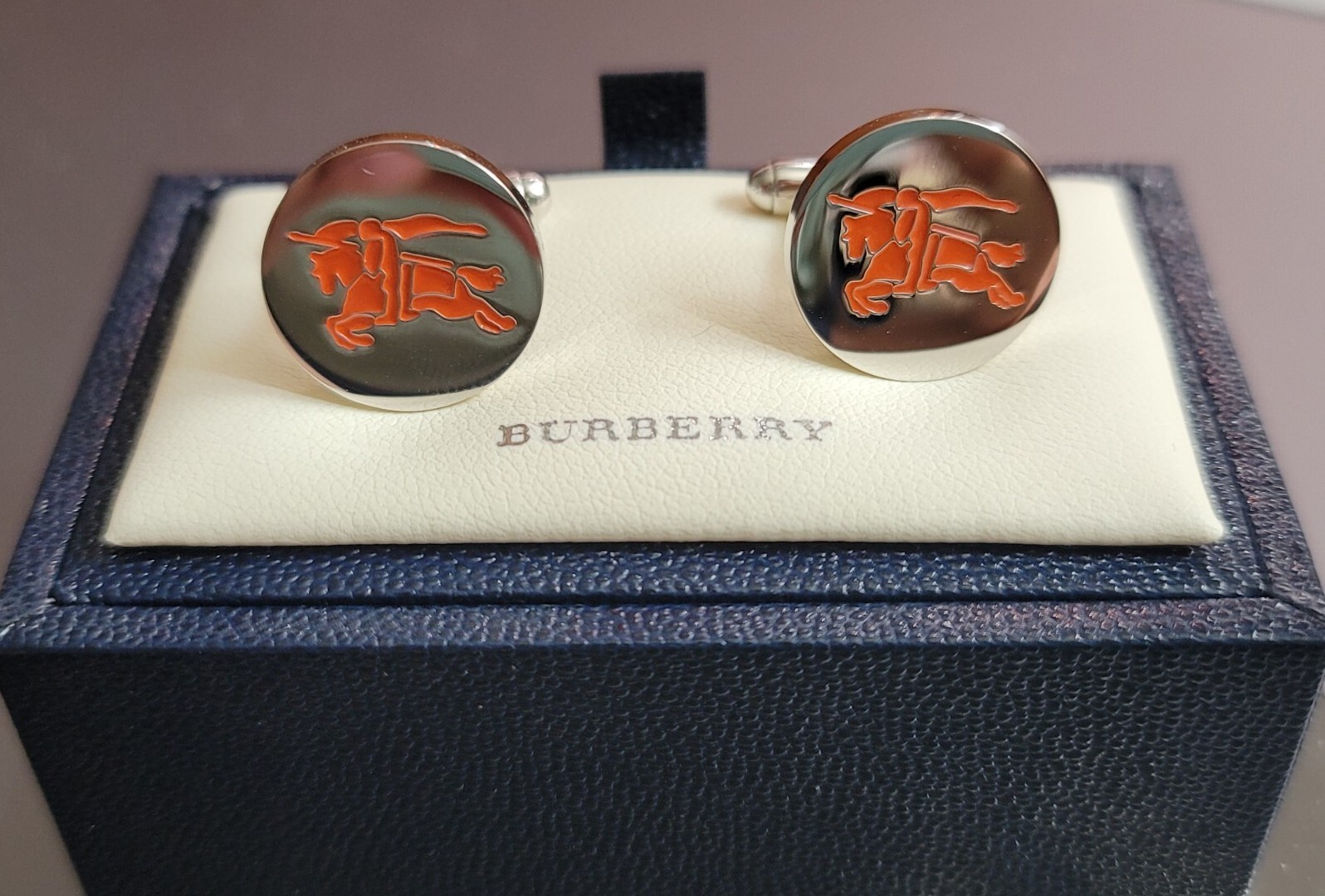 VTG NOS NEW Burberry Palladium Plated Orange Equestrian Knight Logo Cufflinks