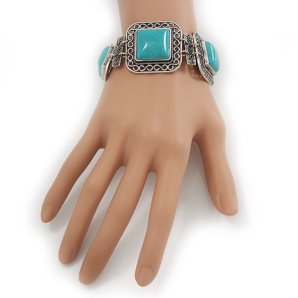 Vintage Turquoise Stone Square Filigree Bracelet With Toggle Clasp -18cm Length