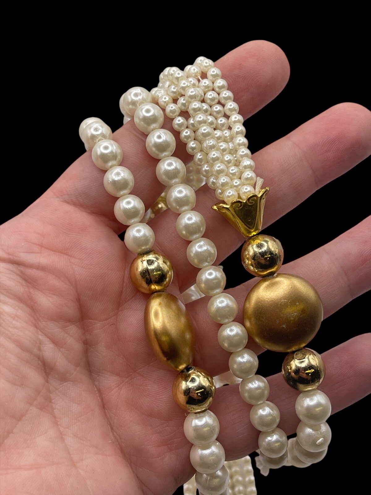 Faux Pearls Opera Length Necklace W Gold Tone Accents Multiple Strands