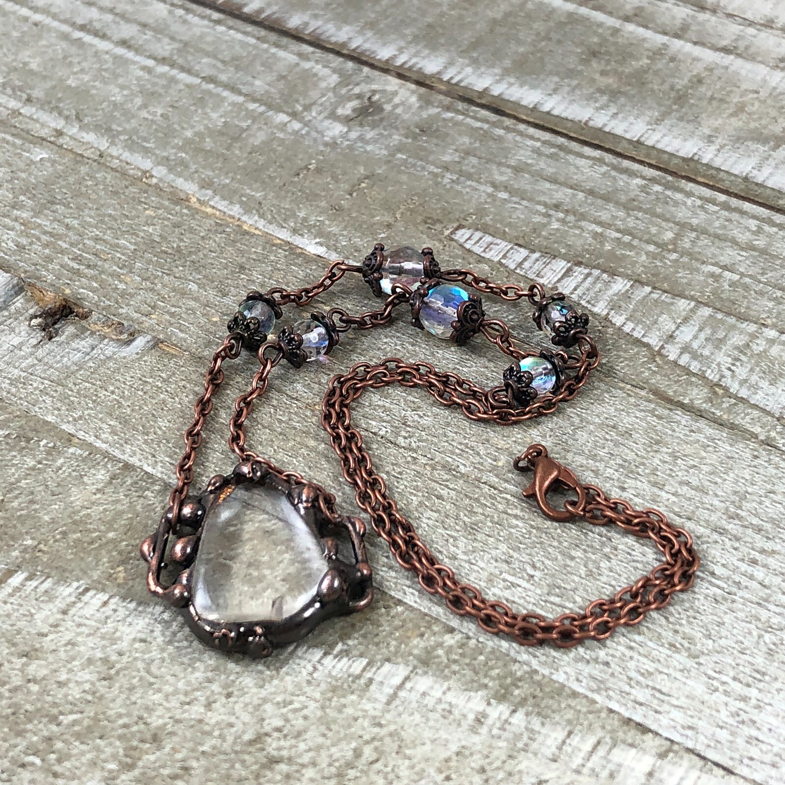 Antique Copper Soldered Clear Quartz Crystal Pendant with Faceted Moonstones
