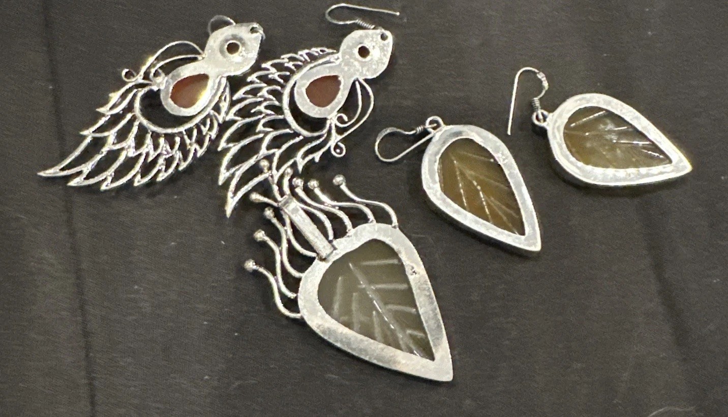 Silver Tone Simulated Gemstone Artisan Angel Wing Leaf Earrings & Pendant Lot 3