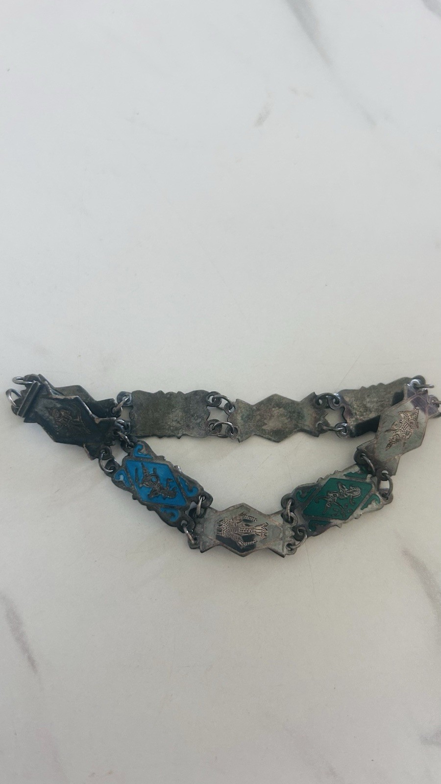 Vintage Siam Sterling Silver Niello 8 Panel Bracelet Thai Deities Gods 7 1/4″