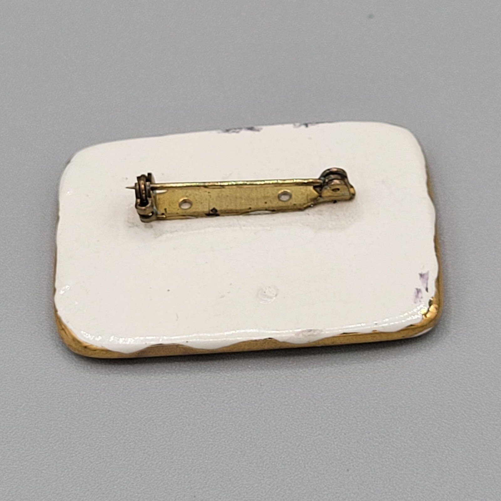 Vintage Ceramic Enamel Brooch With Ancient Symbol Design & Gold Tone Trim