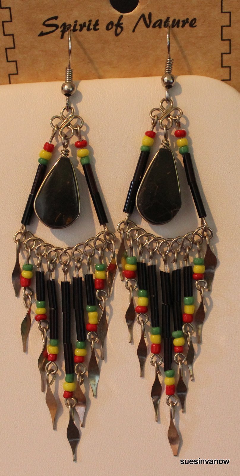 Handmade Stone Bamboo Earrings Native Design Casual Cute Playful 3.5″ Drop D-2