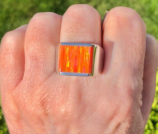 Orange Fire Opal Square Ultra Vivid FLASHES Heavy Sterling Men’s ring 14 VIDEO
