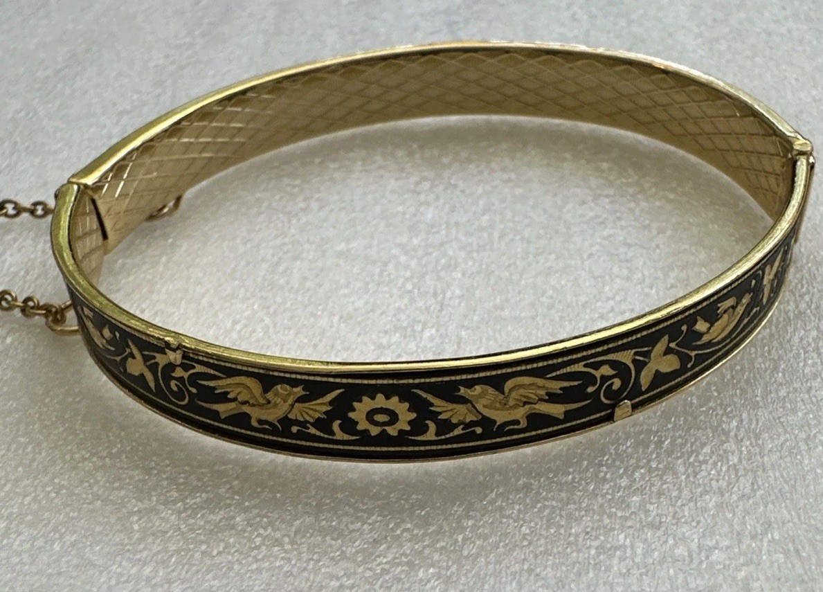 Vintage Spanish Damascene Bird Floral Bracelet & Pendant Set Black Gold