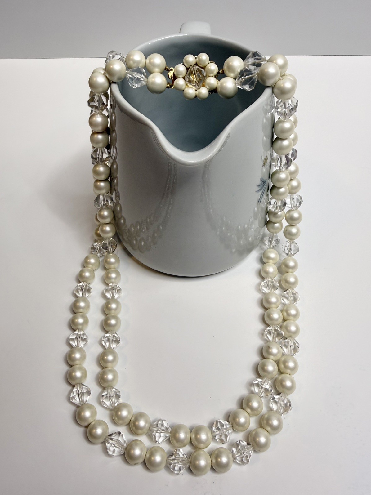 Vintage Marvella Cream Faux Pearl ⚪️Crystal Bead Multi Strand Necklace Marked✨