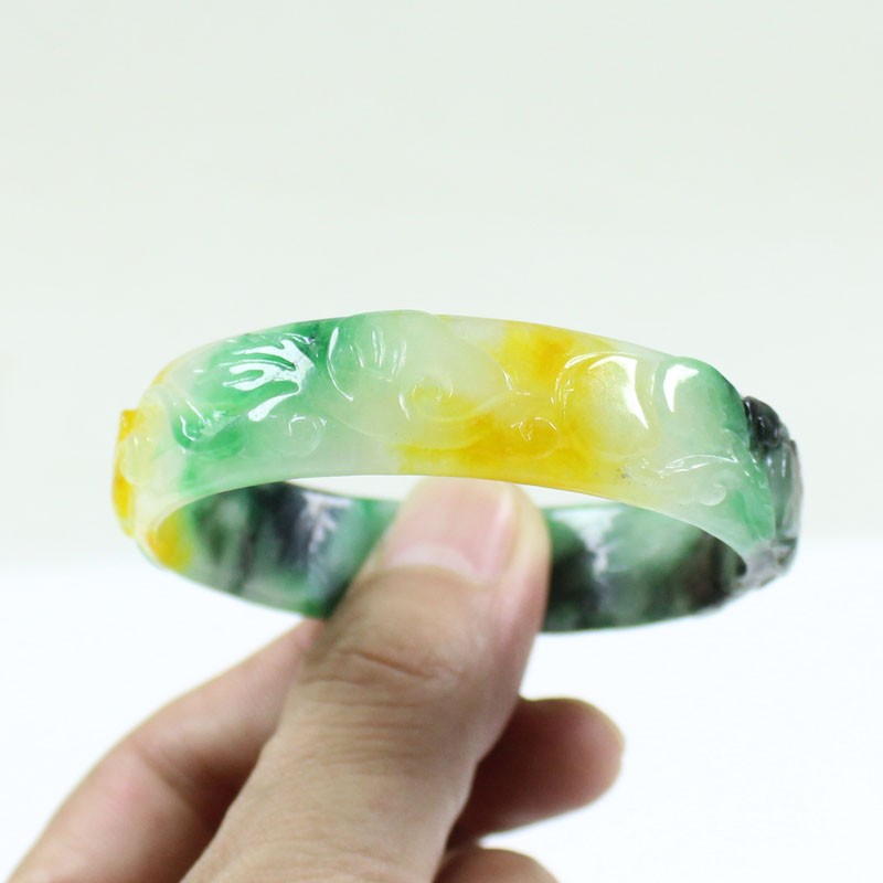 61mm Real Natural Ice Multicolor Burmese Jade jadeite Carving Bracelet Bangle