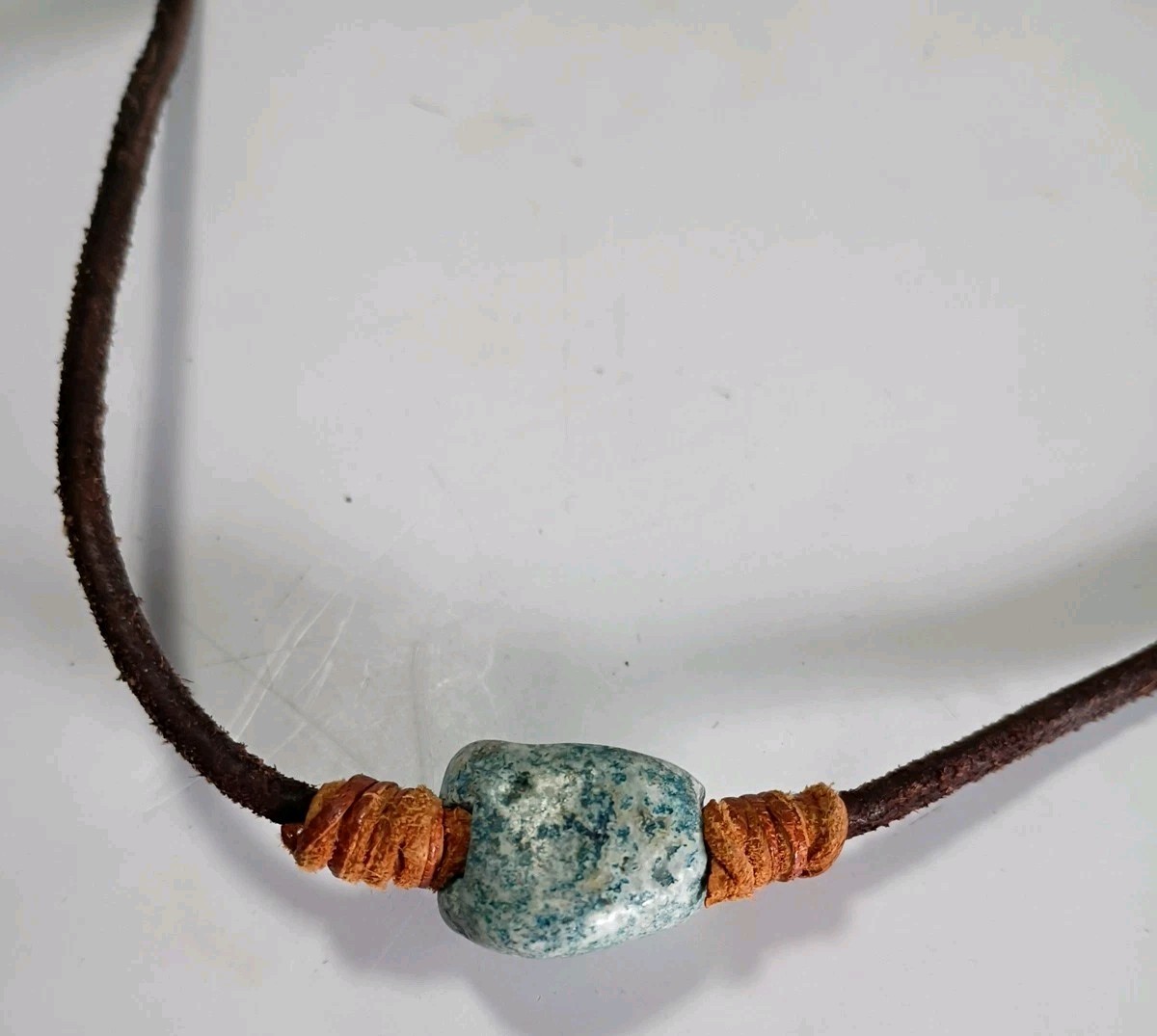 BoHo Natural Amazonite Stone Slide Necklace Brown Leather Cord