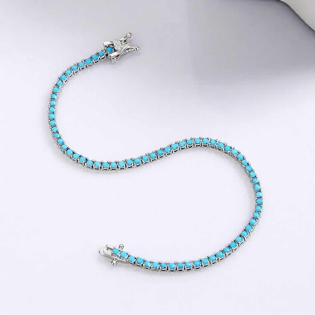 2MM Round Blue Sleeping Beauty Turquoise Women Tennis Bracelet in 925 Silver