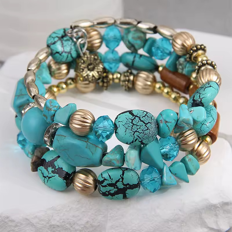 Bohemian Turquoise Color Multilayer Bangles Handmade Beaded Bracelet Jewelry