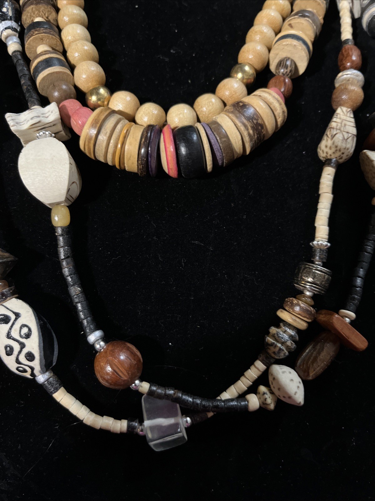 3 Earth Wood Tones Brown Ivory Beads Tribal Bohemian Statement Necklaces Chunky