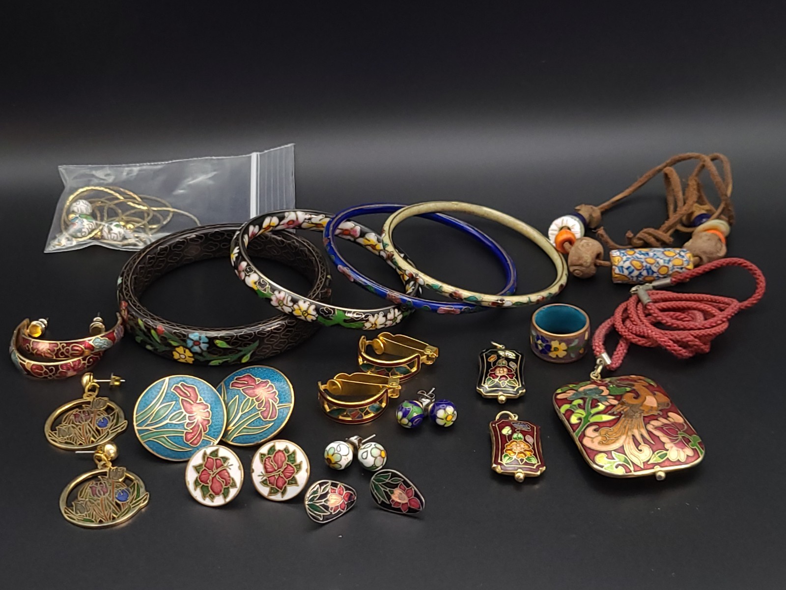 Vintage Cloisonne Jewelry 18 Pc Lot Bangles Earrings Pendants Ring Necklace