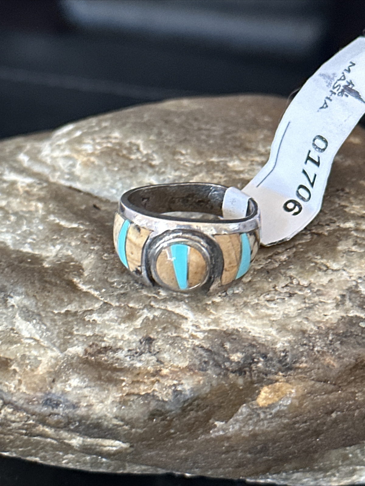 Navajo Picture Jasper Turquoise Inlay Sterling Silver Ring Size 6 01706