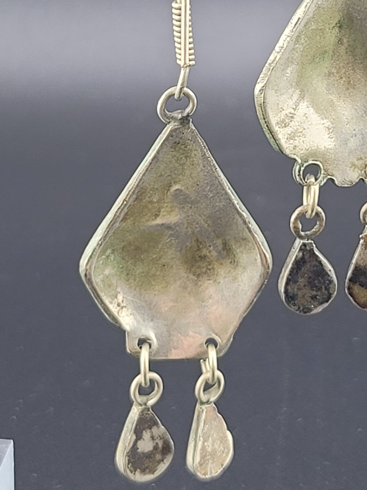 Vintage East India Blue Glass Stone Nickle Silver Chandelier Statement Earrings