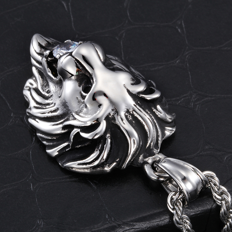 Mens Gift Stainless Steel Cool Lion Head CZ Charm Pendant Rope Necklace chain