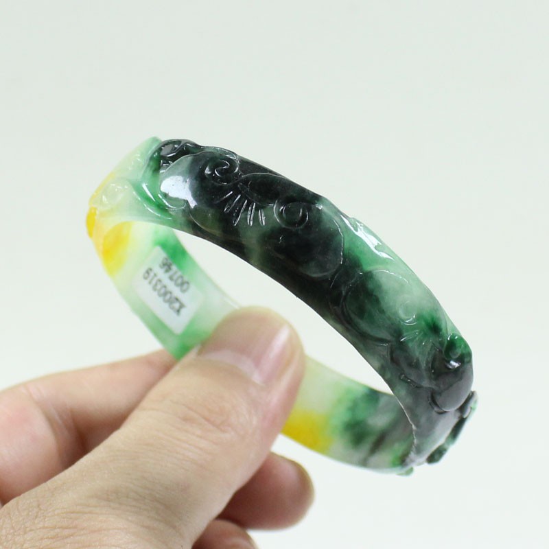 61mm Real Natural Ice Multicolor Burmese Jade jadeite Carving Bracelet Bangle