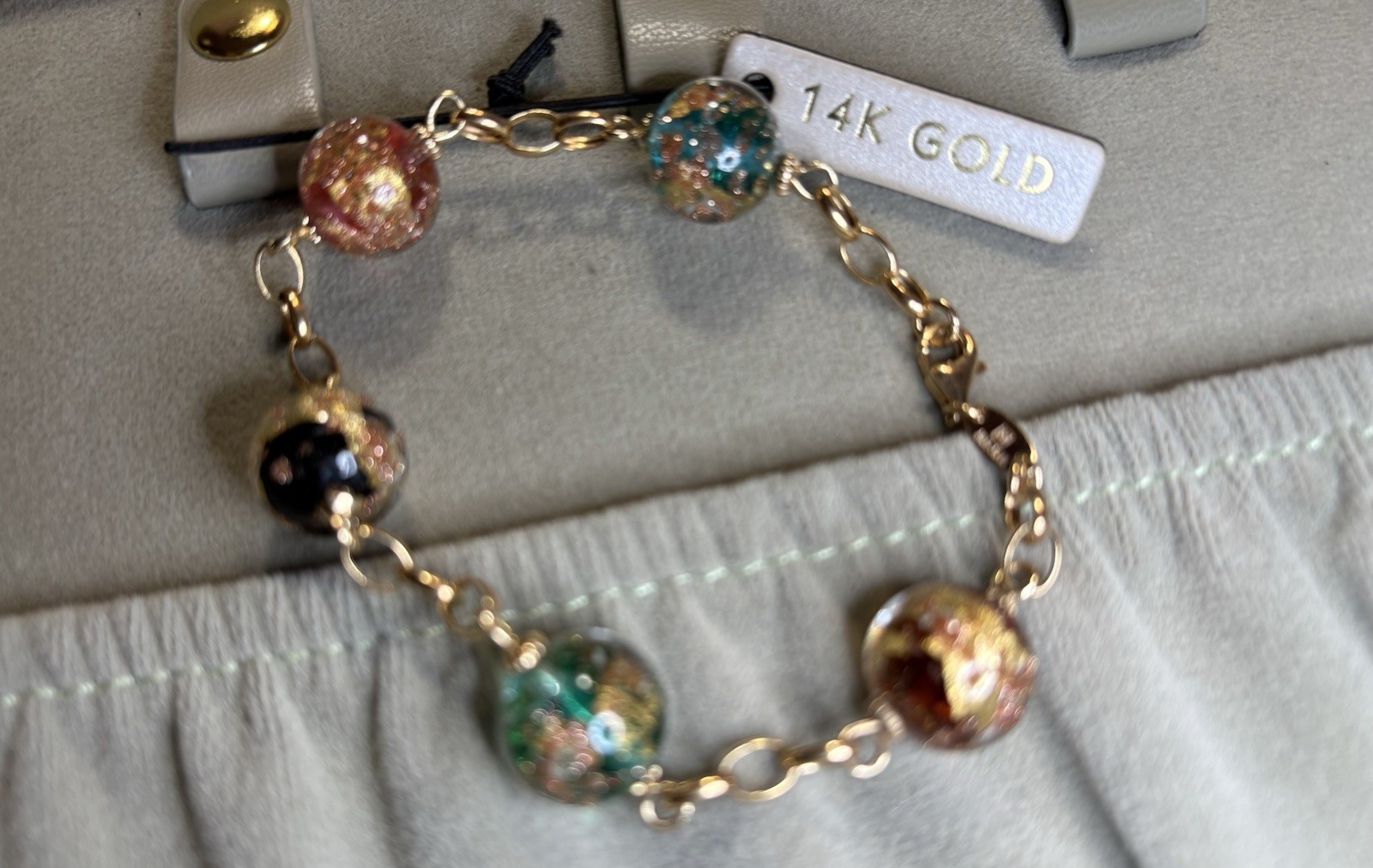 14k Yellow Gold Venetian Murano Glass Bead Link Bracelet 14.93G Sz6.5 Lot #43