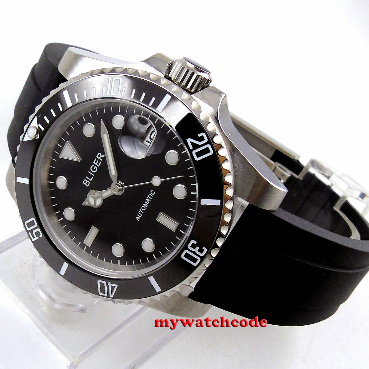 40mm Bliger Black Dial Sapphire Glass Rubber PT5000 NH35A Automatic Mens Watch