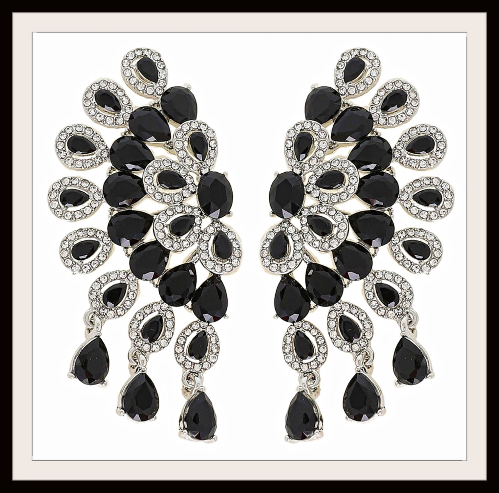 Black Crystal Special Occasion Earrings Drag Queen Pageant Silver Plated