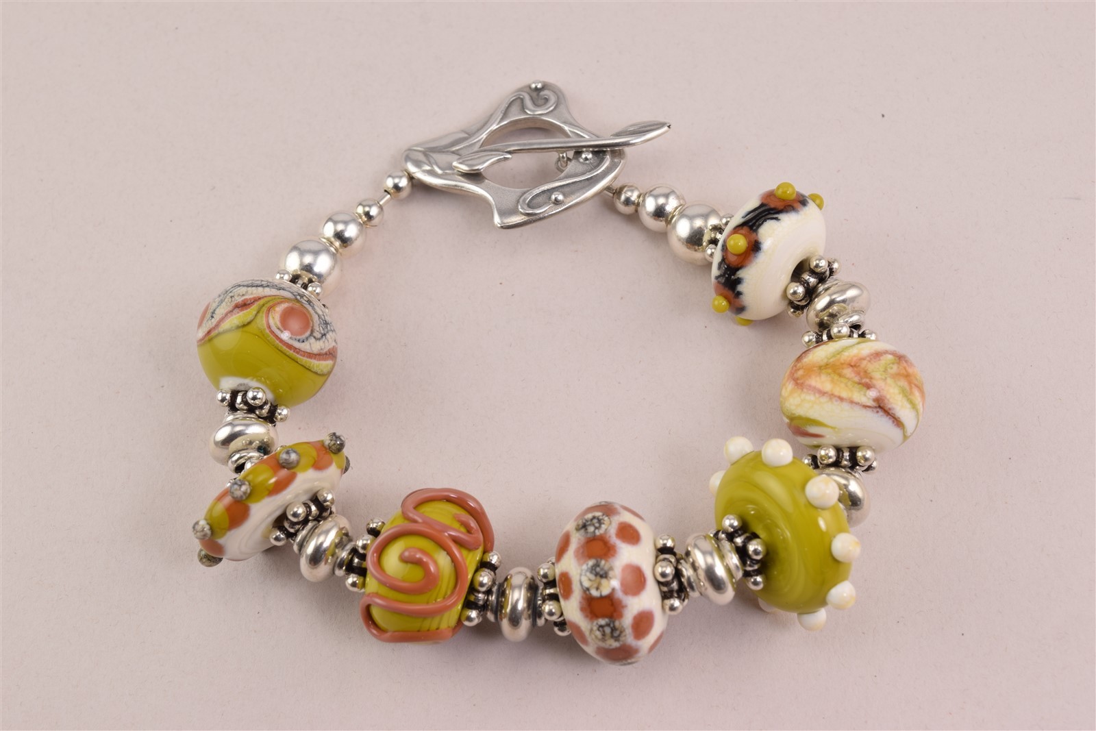Chunky Sterling Silver Ornate Ceramic Bead Statement 925 Toggle Bracelet 50g 8″