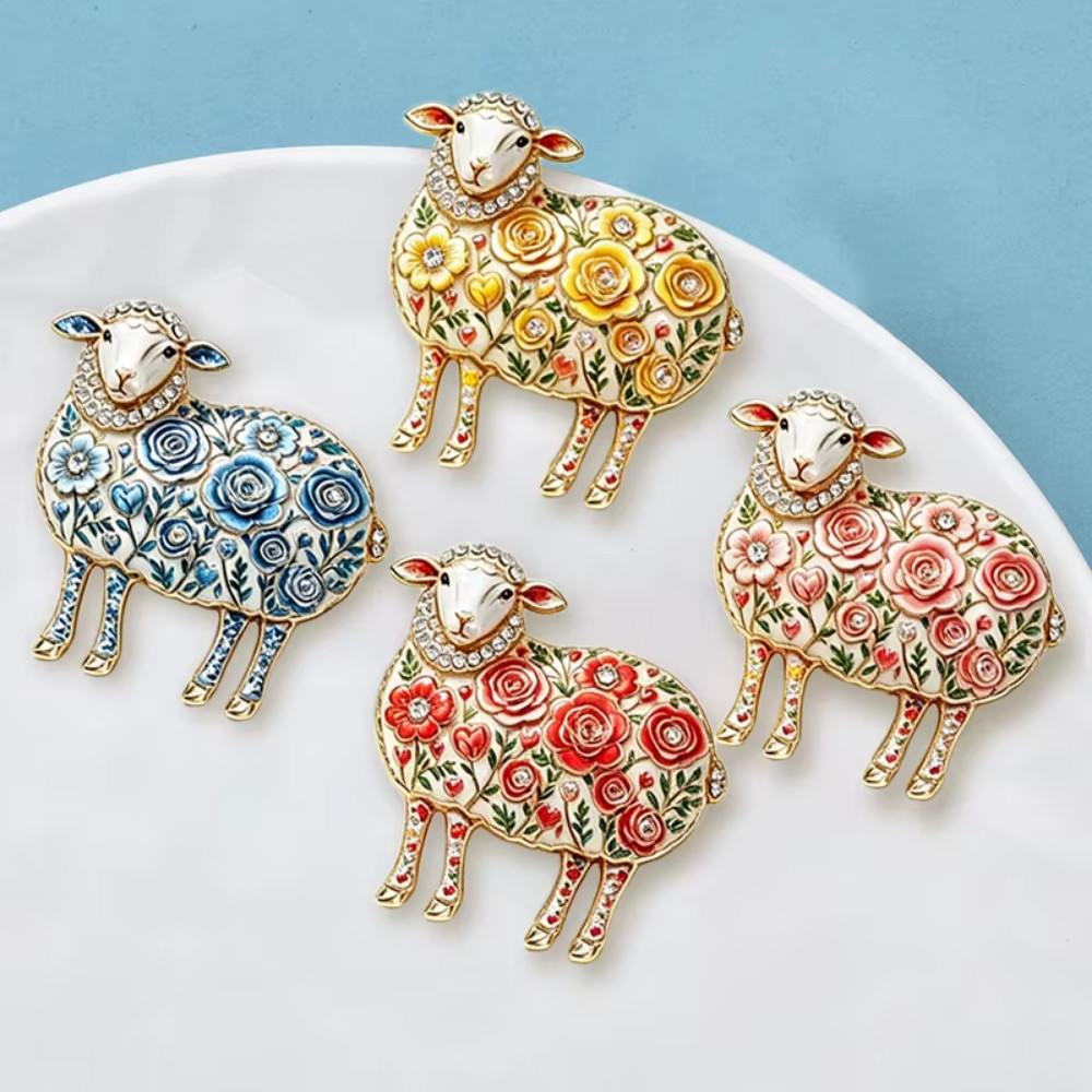 Blue White Porcelain Pattern Sheep Brooch Pin Vintage Gold Crystal Jewelry Gift