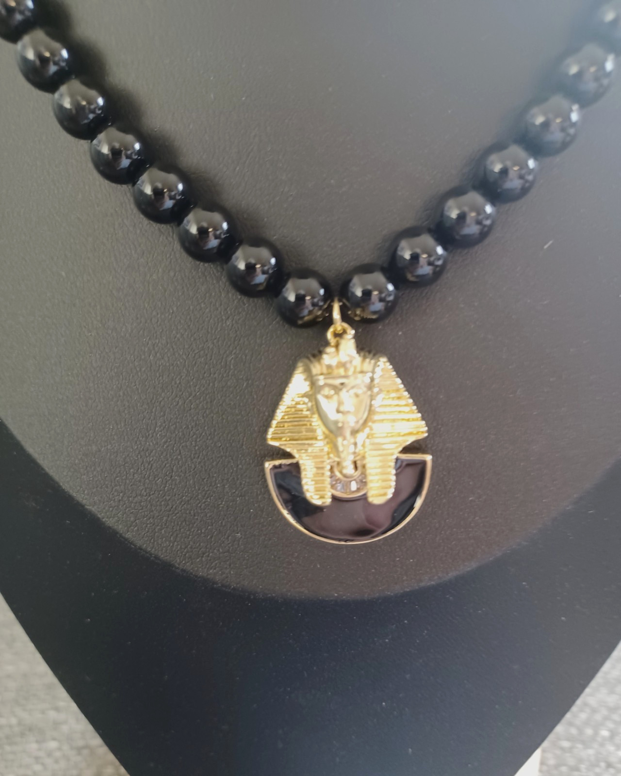 Sphinx beaded Necklace, Egypt Pharoah Pendant Black Agate ~ New Handmade in USA