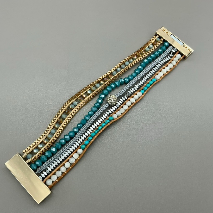 Victoria Emerson Bracelet Multi Strand Teal Beaded Crystal Leather Magnetic 7.5″