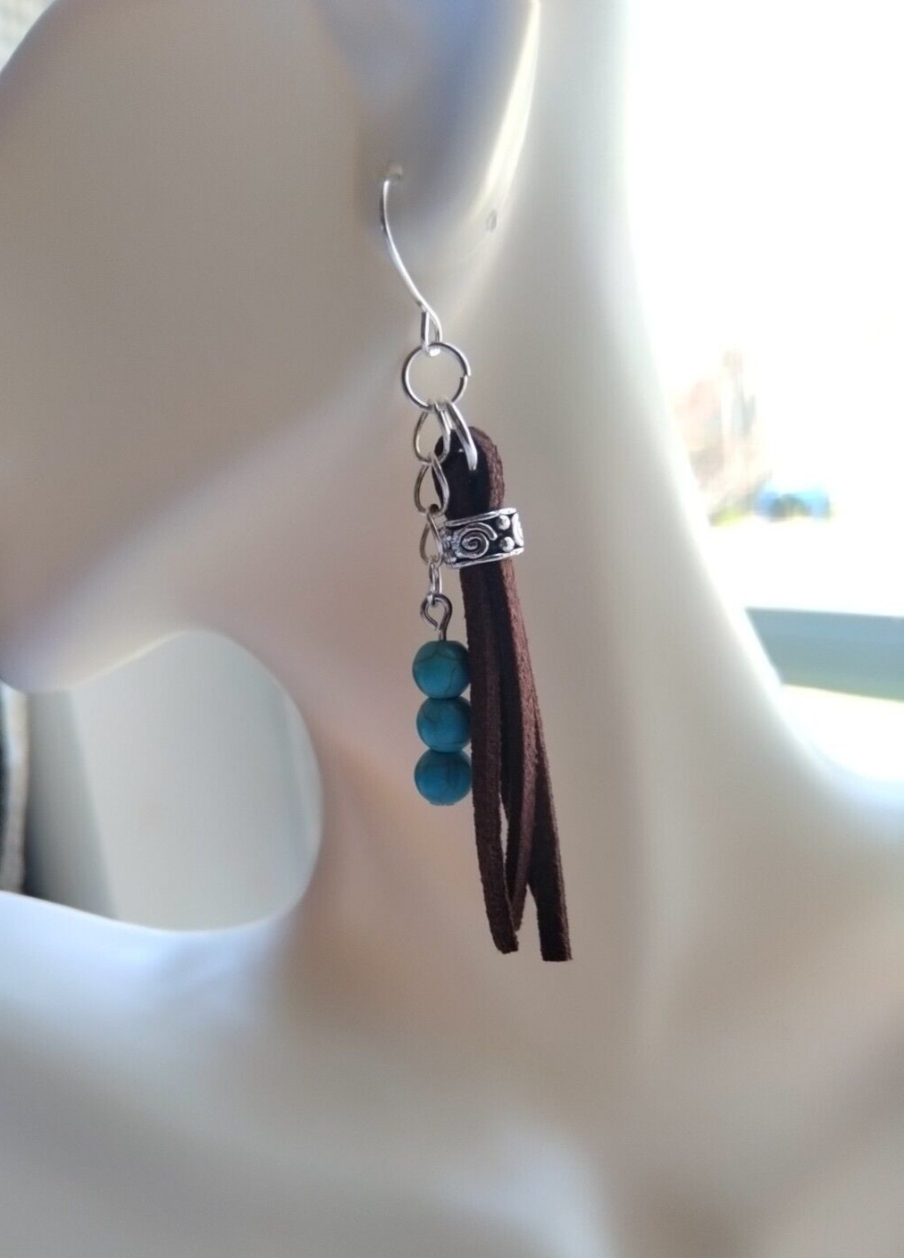 Suede Fringe Tassel Earrings Turquoise Blue Howlite Stone Bead Handmade Cowboy