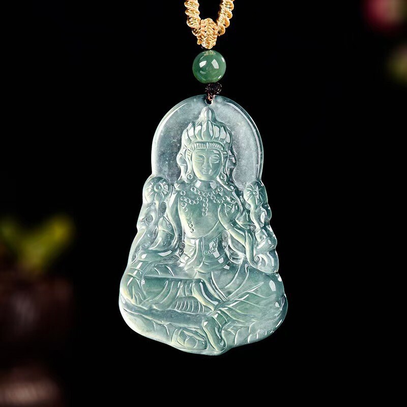 Real Grade A Natural Icy Bule Jade Jadeite Men Kwan-yin Oblong Pendant